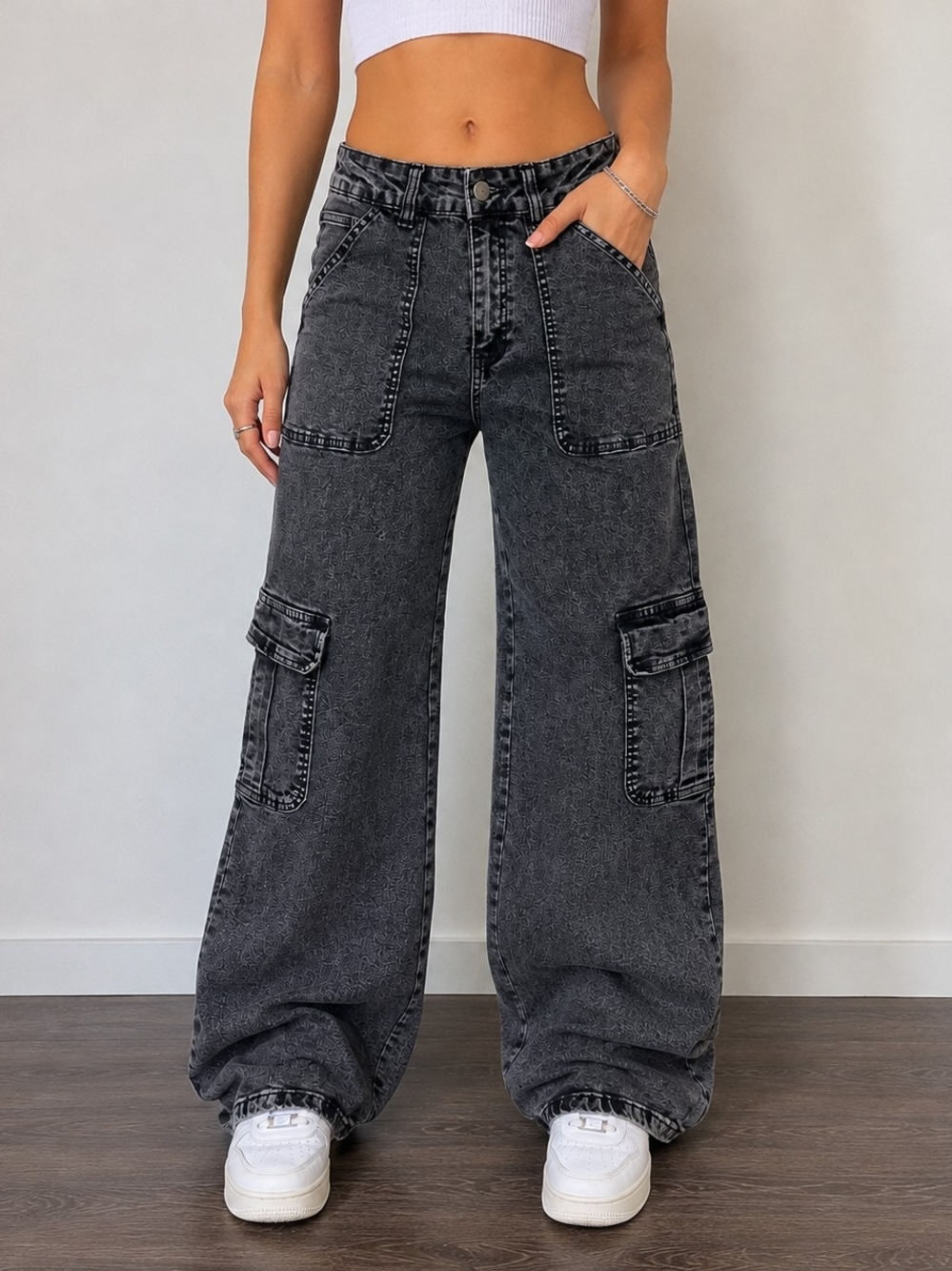 Y2K Disclosure Black Acid Wash Cargo High-Waist Wide Leg Cargo Jeans Black 11/30
